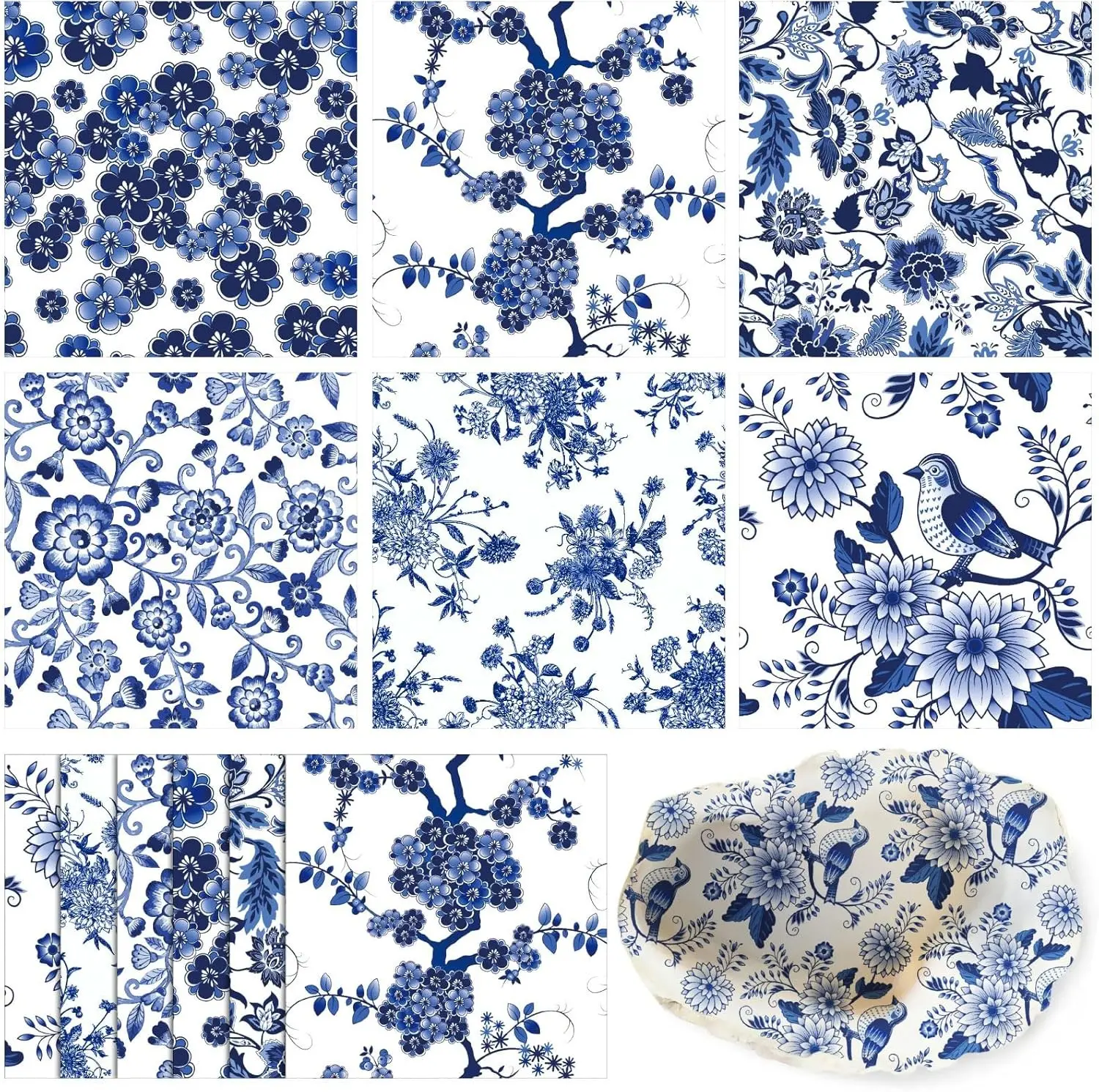 Epakh 36-Pack 6-Style Blue and White Decoupage Cocktail Napkins - Floral Print Chinoiserie Tissue Paper, 13" Unfolded for Crafting, Coastal Decor, 13" Size