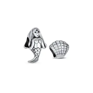 Set of 2 Nautical Clam Shell and Sea Nymph Mermaid Charm Bead Sterling Silver Adjustable Necklace
