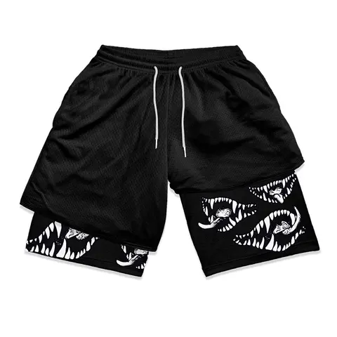 Men's Cartoon Print 2-in-1 Drawstring Shorts, Regular Fit Casual Elastic Waist Shorts, Shorts Men, Shorts For Summer, Summer Shorts, Summer Bottoms, Graphic Print Shorts, Casual Fitted Shorts, Drawstring Waistband Shorts, Men's Clothing