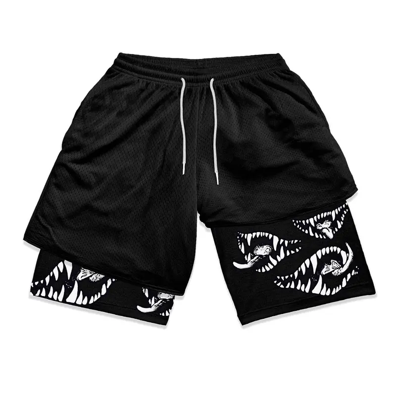Men's Cartoon Print 2-in-1 Drawstring Shorts, Regular Fit Casual Elastic Waist Shorts, Shorts Men, Shorts For Summer, Summer Shorts, Summer Bottoms, Graphic Print Shorts, Casual Fitted Shorts, Drawstring Waistband Shorts, Men's Clothing