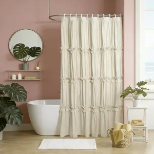 Ruffled Fringe Pleated Shower Curtain Set 72x72 Inch, Polyester Fabric with Artistic Patchwork Design, Easy Hang with Grommets