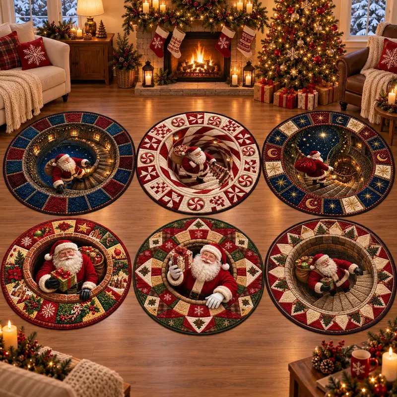 Magical 3D Santa Claus Starry Night Round Rug, Christmas Spiral Stairs Optical Illusion, Vintage Quilted Patchwork Carpet, Soft Velvet Holiday Accent Mat.,,,
