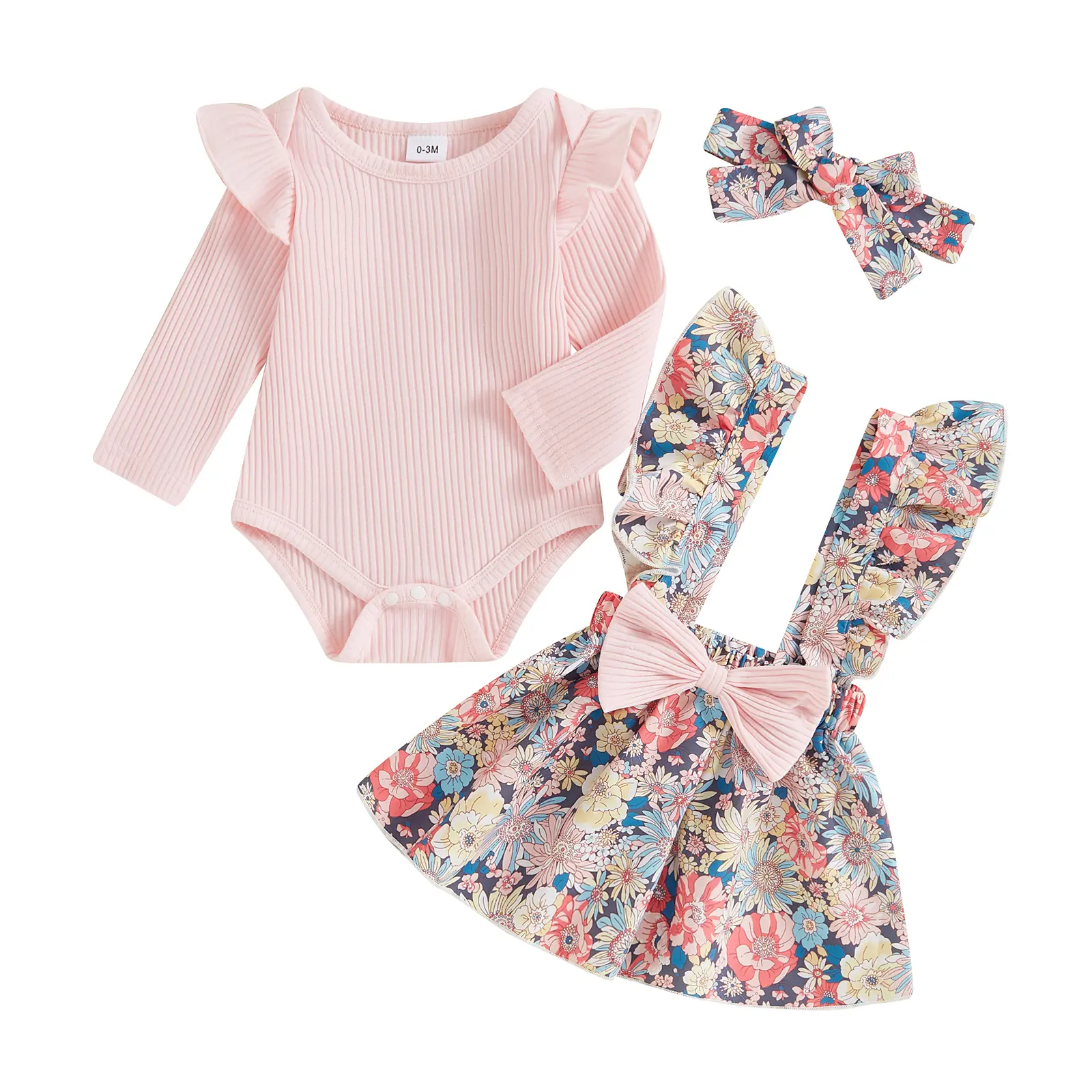 3-Piece Baby Girls Set Ruffles Long Sleeve Round Neck Romper Floral Print Bow Overall Skirt Hair Band Outfits