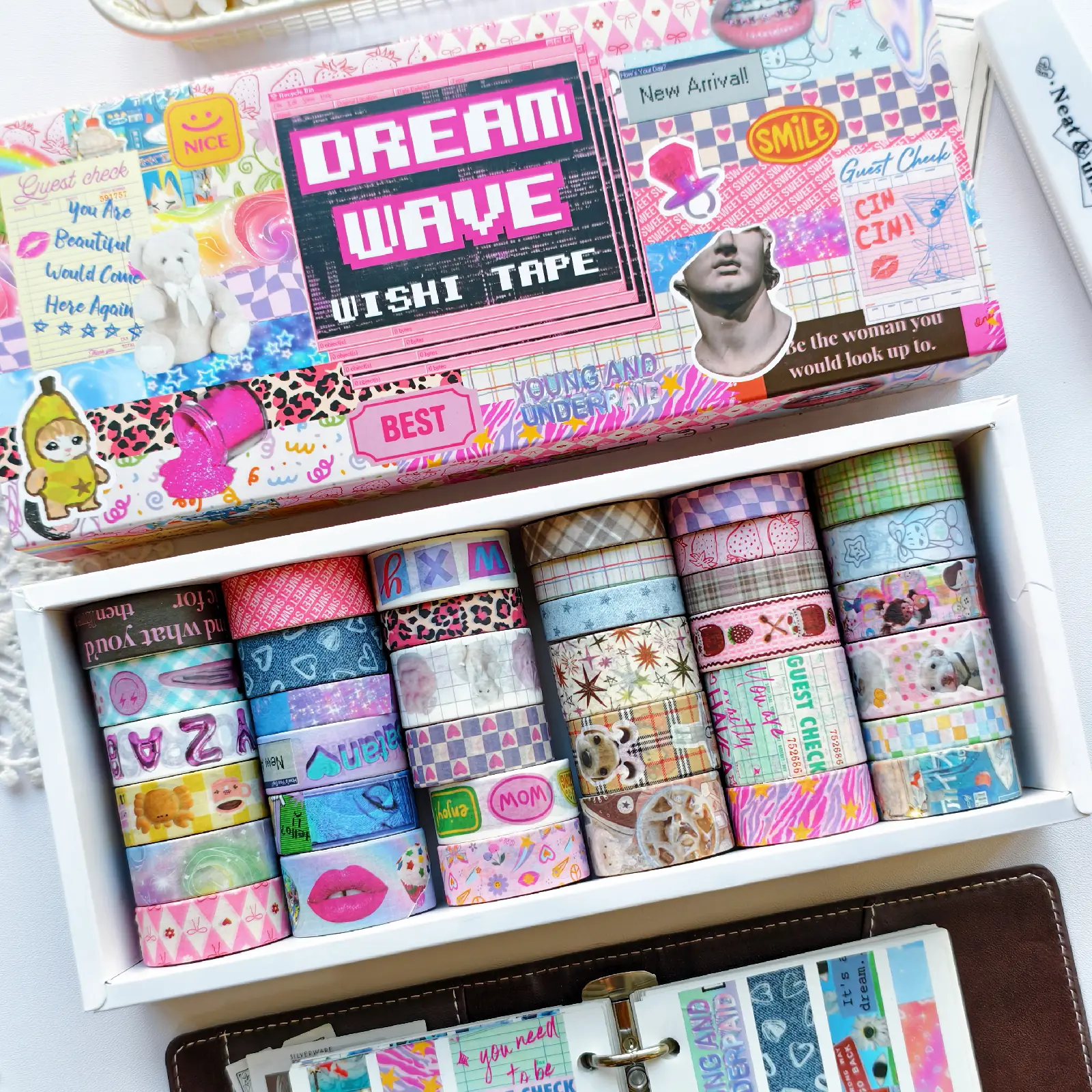 36-Roll Neon Pastel Washi Tape Set - Retro-Futuristic Vaporwave Design Decorative Masking Tape for Bullet Journal Supplies, Scrapbooking, DIY Crafts