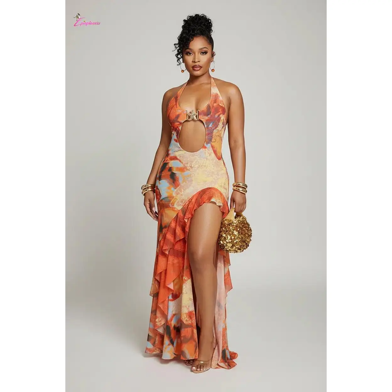 Orange Abstract Floral Halter Maxi Dress