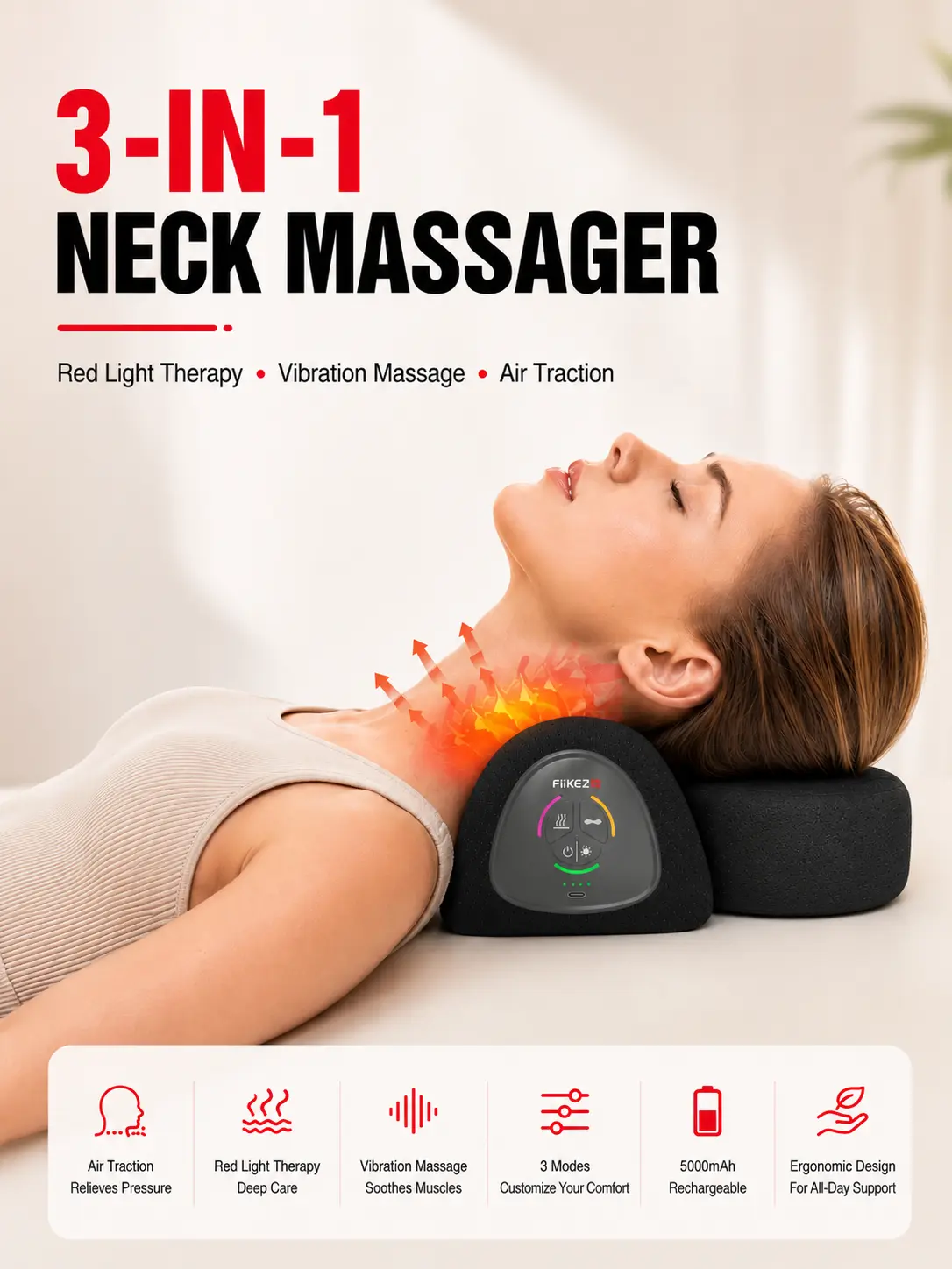 FliKEZE 3-in-1 Heated Red Light Airbag Neck Pillow - Airbag Traction, Red Light Stimulation, Heating Functions - Travel & Office Fatigue Relief Easy-Store，Relieves neck pain from sleeping in an awkward position and neck soreness caused.