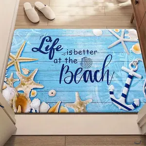 A 2D Flat Flannel Rug with a Wood Grain Design in a Coastal Style, Featuring Nautical Elements And Starfish Patterns.It Is Suitable for Indoor Mats, Made of Soft And Comfortable Sponge, Easy to Clean, And Ideal for Use As an Indoor Welcome Mat