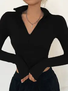 Solid Color Casual T-Shirt Women Long Sleeves Turtleneck Crop Tops Sexy Simple Style Party Club 2022 Spring Summer New Dozw