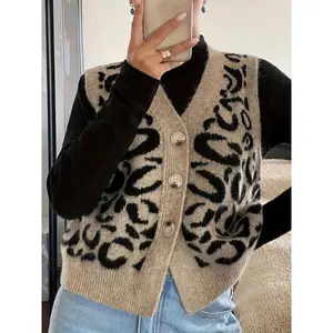 Women's Autumn Winter New Fashion Elegant V Neck Button Front Sleeveless Leopard Print Vest, Unique Design Casual Outerwear