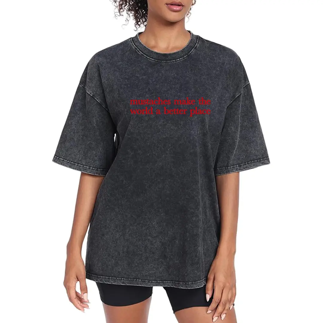 Mustaches Make The World A Better Place Shirt Funny Mustache Lover TShirt Made In USA For Women For [, lightweight and breathable, soft and comfortable] Y2K Streetwear Graphic Tee Graphic Concert T-Shirt Black Womenswear