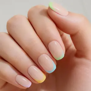 French Chic Semi Cured Gel Nail Strips 20+6 PCS | Includes 6 Trial Strips to Try | Pastel Rainbow Tips with Translucent Nude Base | 5-Min UV Cure (UV/LED Lamp Required, 36W+ Recommended) | OAUEE