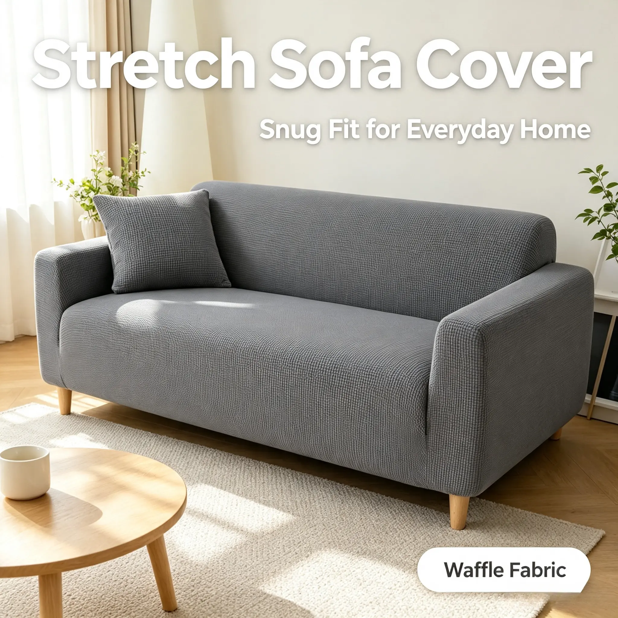 Simple solid-color detachable sofa cover, dust-proof sofa cover, minimalist waffle knit stretch sofa cover, reusable sofa cover, comfortable neutral home decoration washable couch slipcover pure color multi size