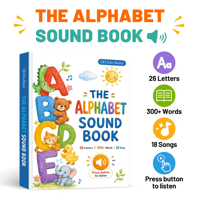 Interactive Alphabet Sound Book - 1-3 Years Unisex Kids Language Toy, Educational Learning Languages Tool with 26 Letters, 300+ Words, 18 Songs, Charging Port, Word Recognition, Colorful Illustrations, Screen-Free Preschool Activity, Birthday Gift