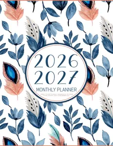 2026-2027 Monthly Planner Large 2 Years Schedule Organizer & Calendar from January 2026 to December 2027 Pretty Watercolor Feathers