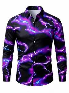 Men's Casual Button Collared Long-Sleeve Polyester Shirt, Purple & Black Lightning 3D All-Over Print, Button Details, Cuffed Sleeves, High-Waist Front, All-Year Wear, Ideal for Gifting & Travel