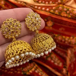 Gold Plated Stonework Beautiful  Flower Shaped Jhumkis with Pearl Accents for Elegant Looks