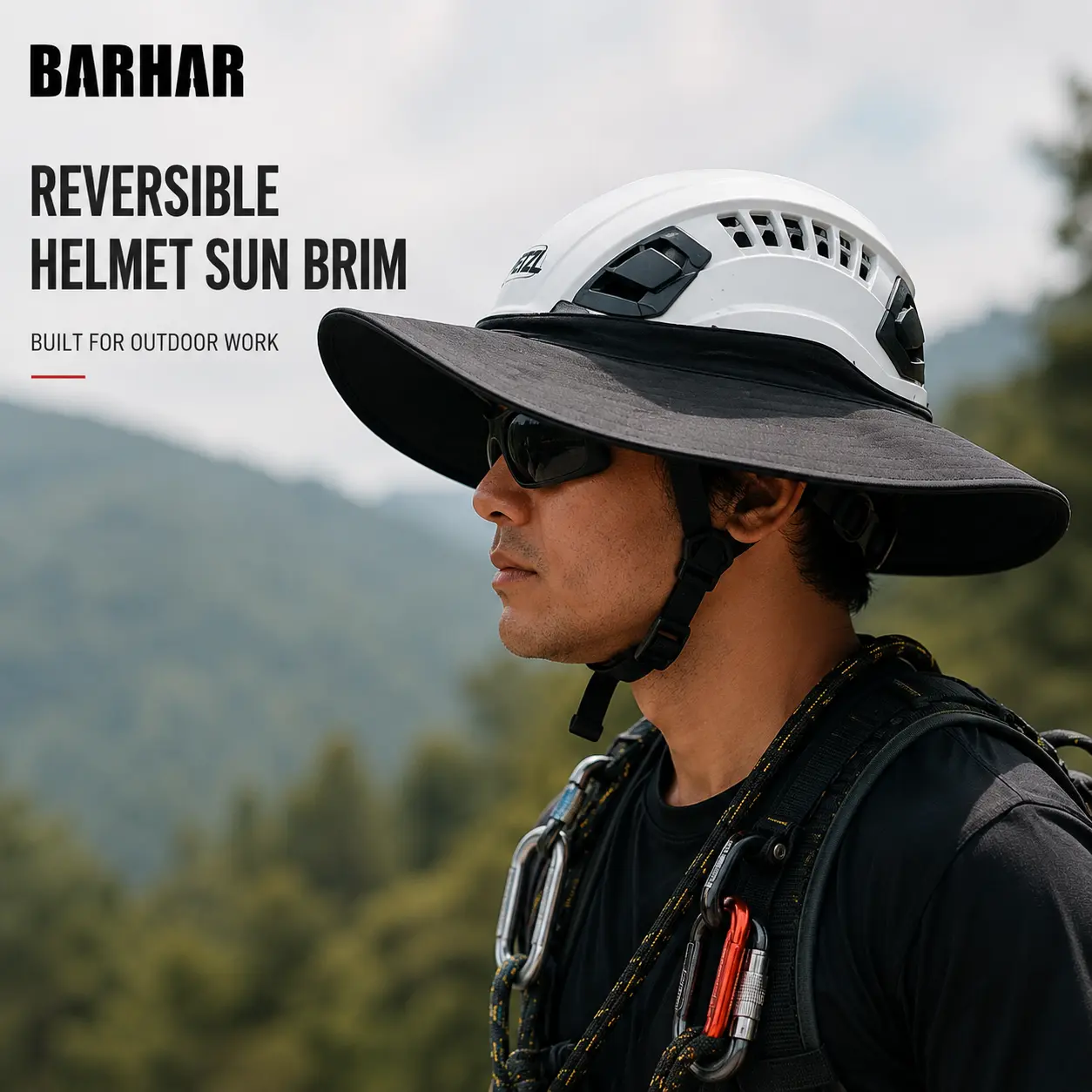 BARHAR 43cm Helmet Sun Shade Attachment for Hard Hats & Climbing Helmets, Wide Full Brim Water-Resistant Foldable Sun Protection Accessory for Rope Access, Rescue, Tree Work & Outdoor Work construction worker