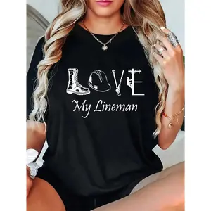 GGOR 100% Cotton Love My Lineman Wife Husband Lineworker Girlfriend Linesman T-Shirt