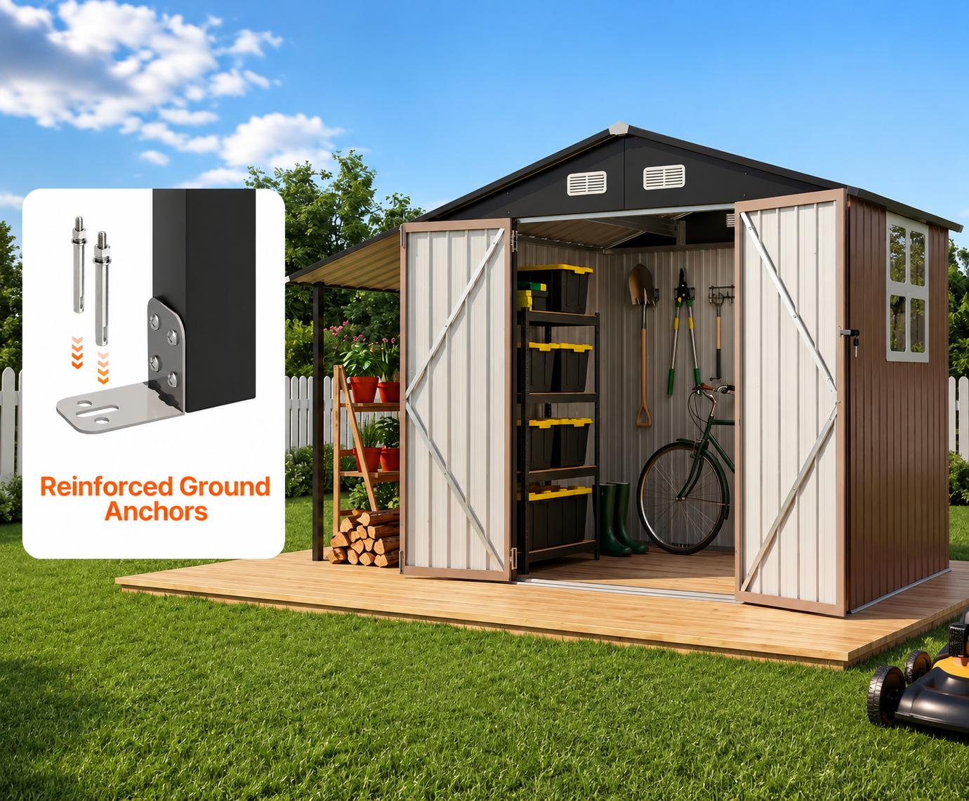 Jolydale Outdoor Storage Shed Metal Lean to Sheds withGazebo,Open Firewood Storage,Garden Shed with LockableDoors,Sloped Roof,Windows, 2 in 1 Large Tool Shed forPatio. Backvard. Lawn