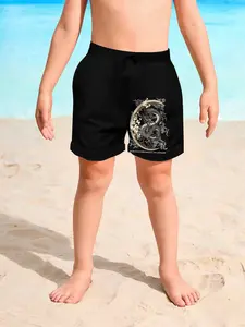 Boys' Moon Dragon Totem Print Beach Shorts, Quick-Dry Breathable Casual Swimwear, Loose-Fitting All over Print, Summer Vacation Wear