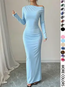 Women's Floral Print Asymmetrical Neck Dress, Elegant Long Sleeve Long Dress for Party Holiday Wedding Guest, Ladies Summer Clothes