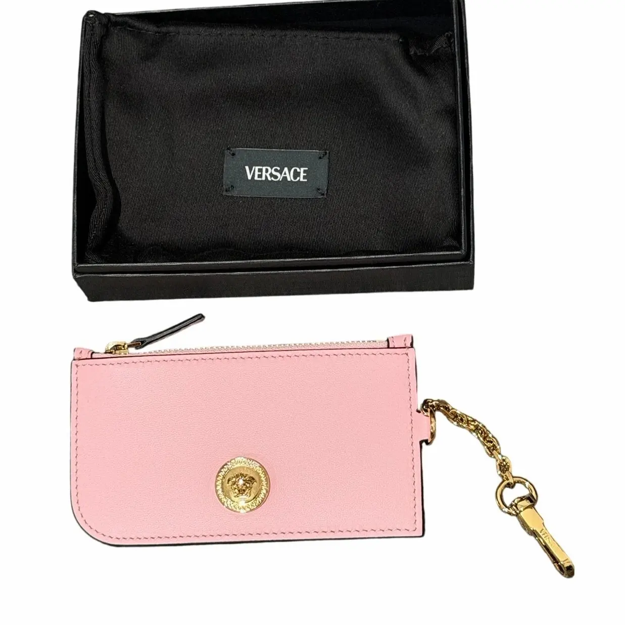 Pre-owned VERSACE Leather Small Leather Goods Vintage Gold Tag Card Holder Light Pink Small Goods, 0.2in Thick, 3in x 4.1in Dimensions