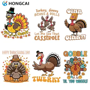 Thanksgiving Fun Iron-On Stickers Set, 6-Piece Creative Turkey Design, Retro Style with Maple Leaves & Pumpkins, High-Quality Vinyl Transfer