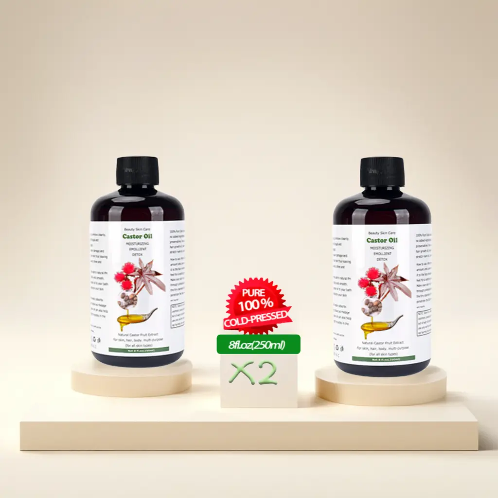 Pure Cold Pressed Castor Oil - Two 8 fl oz Bottles (16 fl oz Total) - Unrefined & Hexane Free - 100% Pure Castor Oil for Hair Growth, Thicker Eyelashes & Eyebrows, Dry Skin, Healing, Hair Care, Joint and Muscle Pain