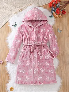 Kids' Heart Plush Robe, Soft & Comfortable, Loose-Fit Design, Fall Winter Warm Pajamas, Casual Home Wear, Girls Boys Sleepwear, Heart Print Robe