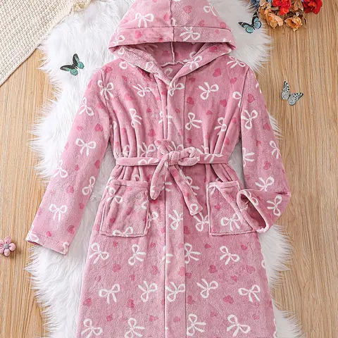 Kids' Heart Plush Robe, Soft & Comfortable, Loose-Fit Design, Fall Winter Warm Pajamas, Casual Home Wear, Girls Boys Sleepwear, Heart Pattern Sleepwear, Heart Print Robe, Fluffy Robe
