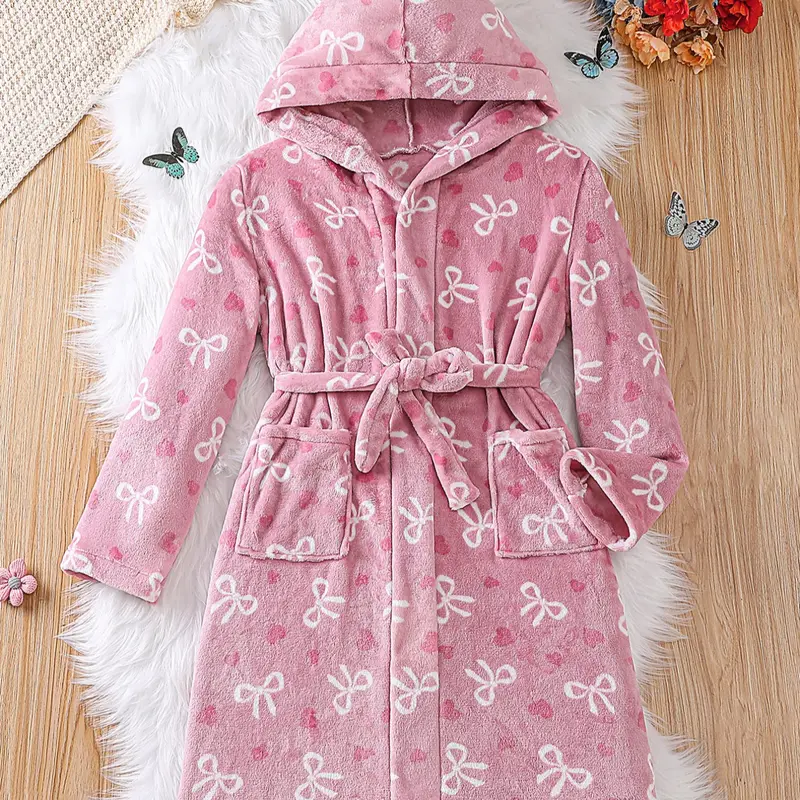 Kids' Heart Plush Robe, Soft & Comfortable, Loose-Fit Design, Fall Winter Warm Pajamas, Casual Home Wear, Girls Boys Sleepwear, Heart Pattern Sleepwear, Heart Print Robe, Fluffy Robe