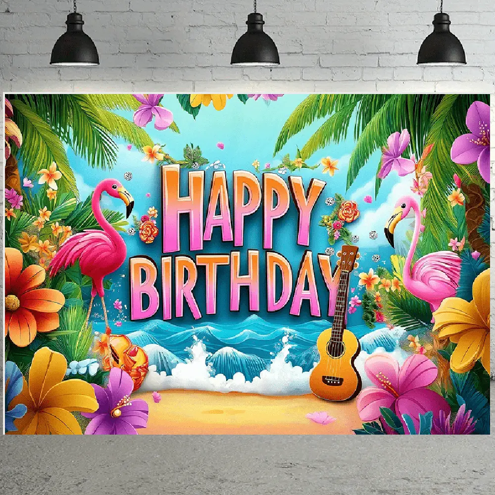 1pc Polyester Tropical Birthday Banner - Palm Tree, Pink Wading Bird, Ukulele Decor - Hawaiian Luau Beach Party Decorations, Party Background Decoration, Wall Decor, Photo Booth Backdrop