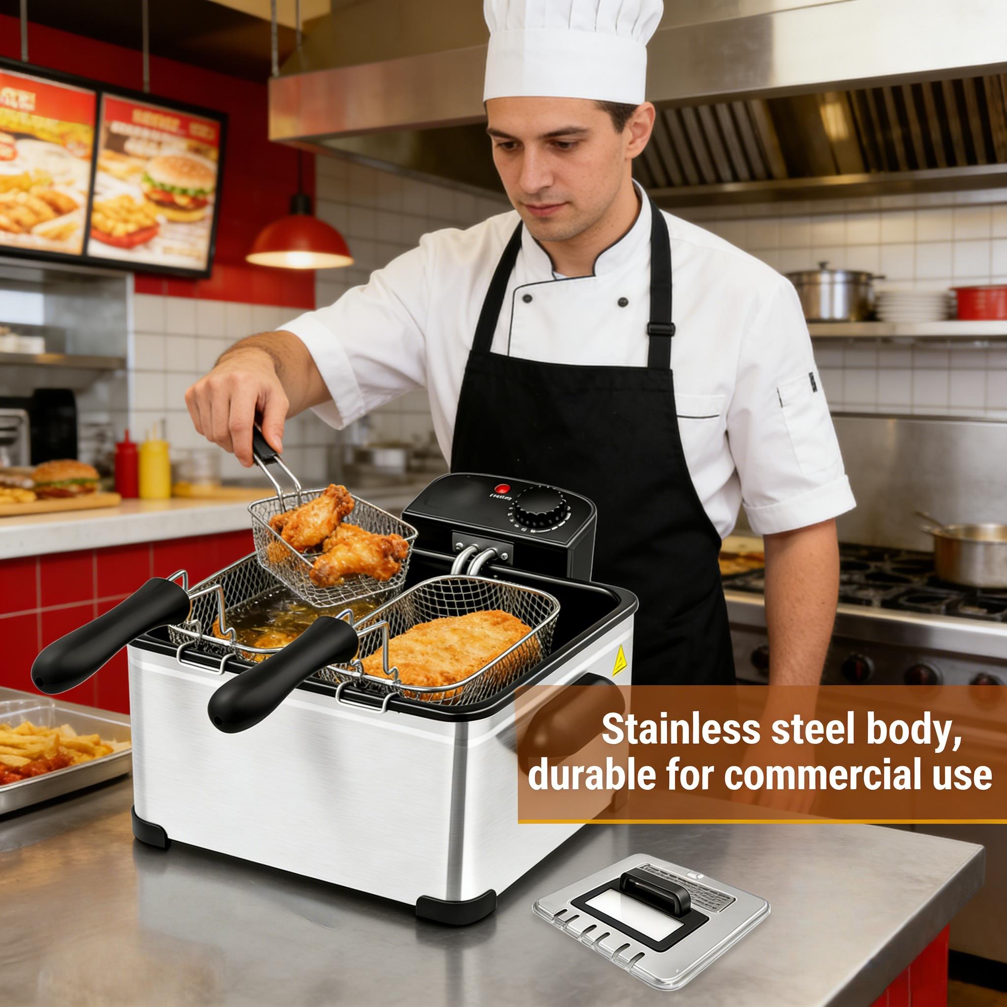 5L stainless steel, 1400 watt electric fryer, 1 large basket and 2 small baskets dual-use - classic stainless steel cookware with cold touch function, American standard three plug