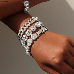 4 Pcs Fashion Bracelets for Women,Silver Clustered Tennis Bracelet for Women,Heart Round Diamond Cuban Bracelet Layered Link Bracelet Set Fashion Jewelry for Ladies,Valentine's Day Gifts,DIY Hand Tools Kits