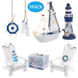7 Pieces Mediterranean Style Wooden Lighthouse Mini Sailboat Anchor Fish Starfish Ornament Set for Home Decor Aquarium Office Garden Blue White Ocean Theme