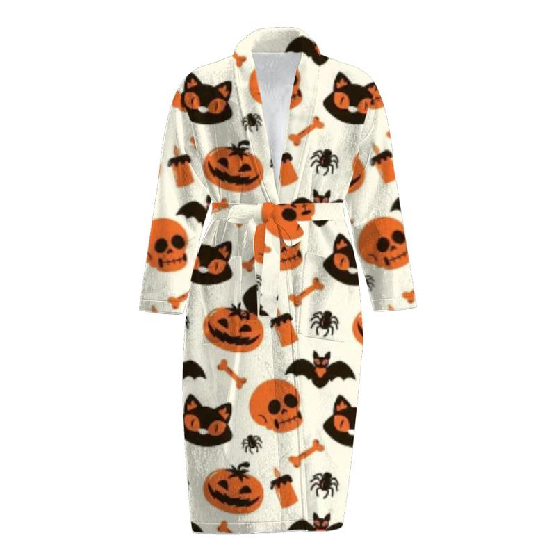 Flannel robe Halloween print autumn and winter plus velvet warm mid-length bathrobe home wear pajamas christmas pajamas