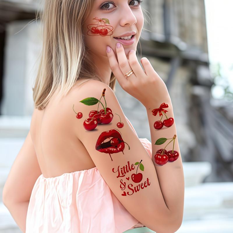 12-Pcs Cherry Theme Temporary Tattoos Set - Realistic, Fragrance-Free, Unscented, Solid, Assorted Pre-Packaged Designs with Vibrant Red Lips, PVC Glitter, Waterproof for Fruit-Themed Parties, Makeup Performances