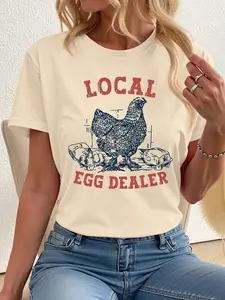 Women's Chicken & Letter Print Round Neck Tee, Vintage Trendy Casual Short Sleeve T-shirt for Daily Wear, Ladies Summer, Casual Fashionable Top
