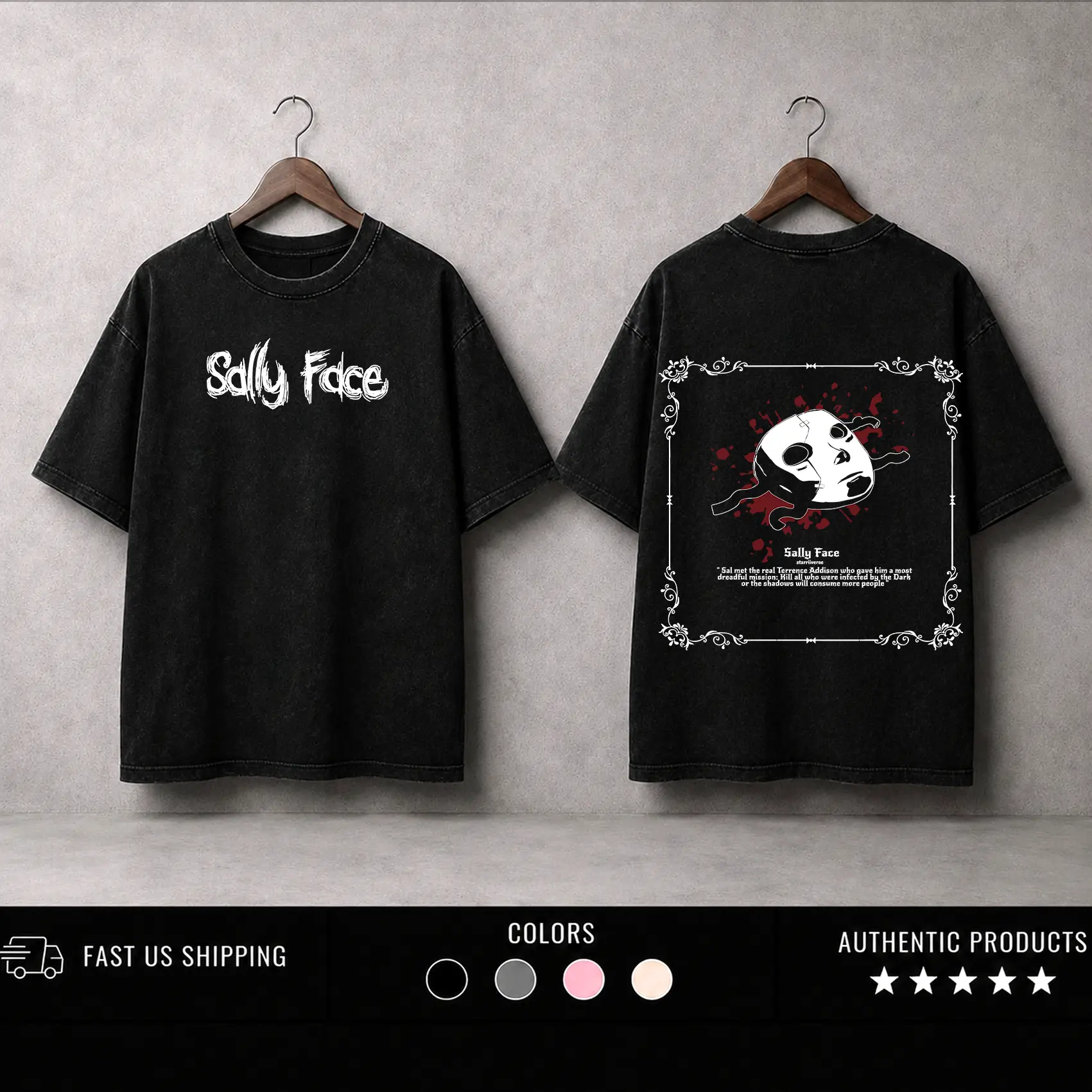 Sally Face T-Shirt Double Printed Unisex Acid Washed Lightweight Cotton T-Shirt,Sweatshirt, Hoodie Gothic Shirt, Video Game Shirt, Gamer Gift, Unisex Clothing Fabric Menswear