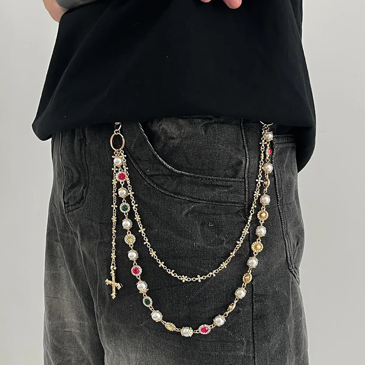 Punk Layered Trouser Chain with Imitation Pearls and Gold Detail Cross Pendant, Unisex HipHop Belt and Key Ring Accessory, Gold Cross Detail Charms & Pendants, Keychain Charm