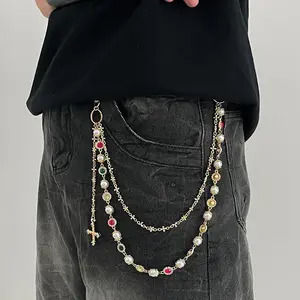 Salircon Exquisite Luxury Cross Pendant Imitation Pearl Keychain Belt Chain Men Women Punk Trousers Jeans Chain HipHop Jewelry