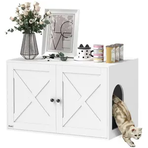PawHut Cat Litter Box Enclosure, Hidden Litter Box Furniture with Barn Door, Cat Hole, Indoor Pet House Washroom, End Side Table, 31.5" x 21" x 20", White