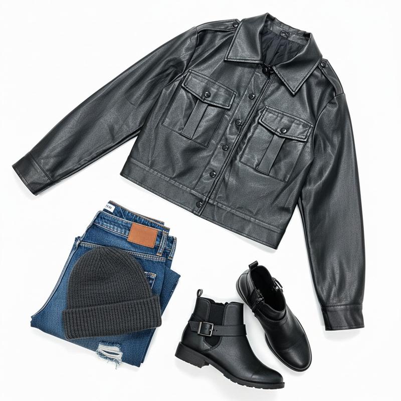 Lypobala Women's Black Faux Leather Cropped Jacket – Snap Button Front, Long Sleeve Moto Style