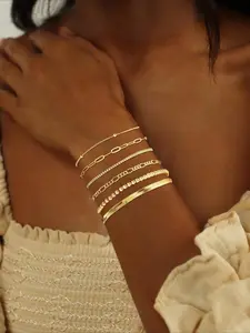 6pcs Golden Chain Bracelets for Women Trendy, Fashion Stackable Beaded Figaro Herringbone Paperclip Chain Link Bracelet Pack Stack Gifts for Womens Girl Bangles Bracelets Set