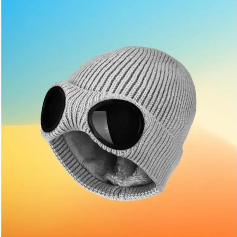 Solid Color Fitted Knitted Beanie Hat with Goggle Lens, Unisex Soft Thermal Headwear for Casual Fall & Winter Wear, Knitted Cap