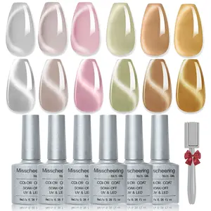 Cat Eye Gel Nail Polish Set 6 Pcs Magnetic Sparkle Diamond Glitter Nude Pink Light Purple Red Silver Sheer Pink Velvet Ice Jelly Gel Polish With Magnet Stick UV LED Curing Requires Soak Off