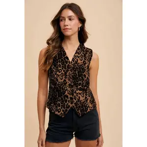 Stretch Leopard Denim Button Down Vest