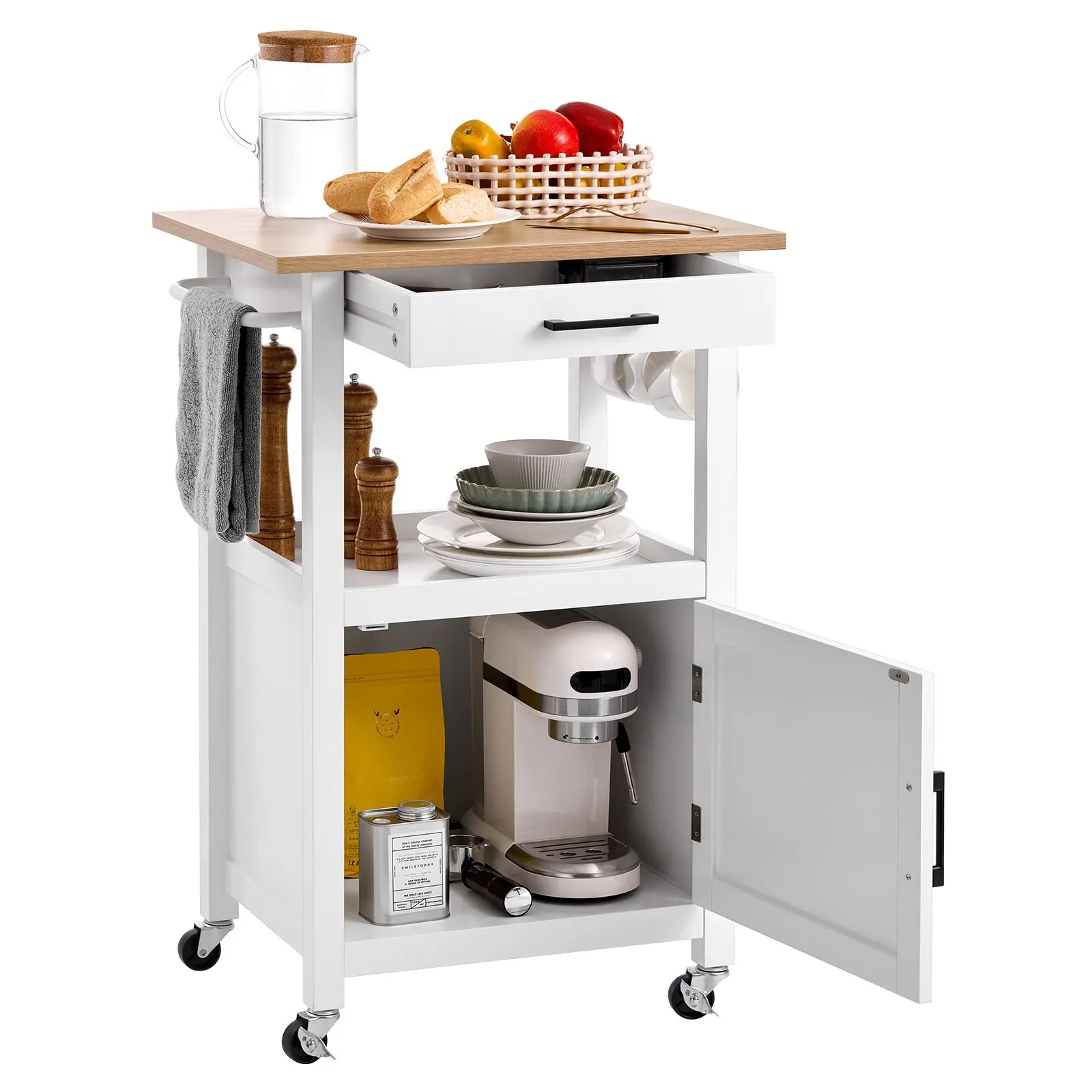 VEVOR MDF Wood Kitchen Island Cart with Single Door Cabinet, Drawer, Towel Rack, Hooks, Portable Table, Wheeled Base with Swivel Castors, Microwave Stand for Dining Room, 18x23 in, White, Labeled Parts, Assembly Required