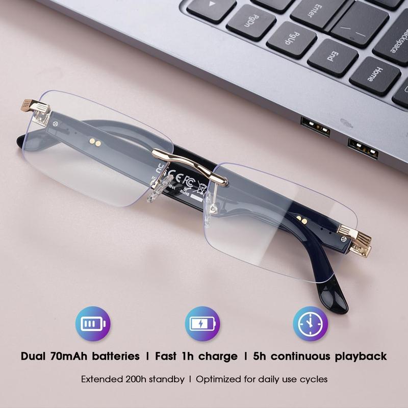 AI Translation Glasses, Bluetooth Eyeglasses with Real-Time Translator for 164 Languages, Photochromic Spring Hinge Bluetooth Glasses with Speakers, Rimless Smart Glasses for Travel/Work/Study(Silver)