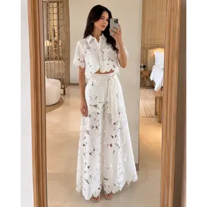 Women’s Embroidered Lace 2 Piece Set, Short Sleeve Blouse Top and Tie-Up Pants Outfitfor Casual & Special Occasions